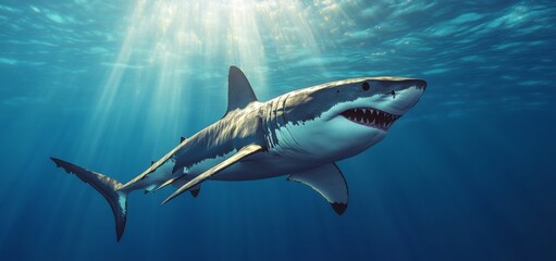 Great white swims deep blue ocean. Predator animal in action. Underwater sea wildlife. Stunning marine life,