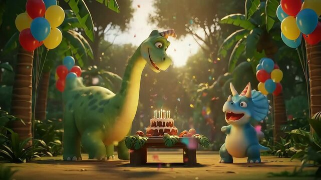 Adorable brachiosaurus and triceratops dinosaurs at a fun birthday celebration in a prehistoric jungle with cake and balloons