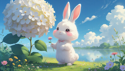 Adorable fluffy rabbit in pastel anime style with meadow flowers, ideal for kids’ story art, kawaii merchandise, and playful fantasy artwork.