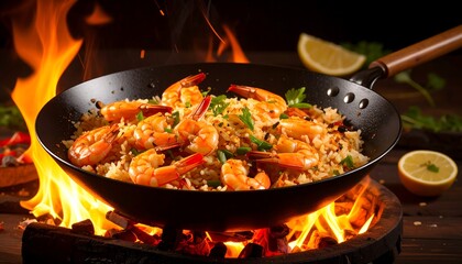 Shrimp and rice stir-fry in a wok over flames