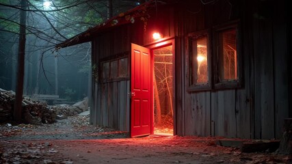 Rustic wooden cabin in a dark, misty forest, illuminated by a mysterious red glow from within. halloween night - Powered by Adobe