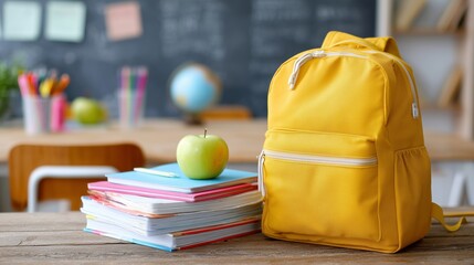 Bright yellow backpack sits on a wooden table with stacked notebooks and a green apple in a classroom setting
