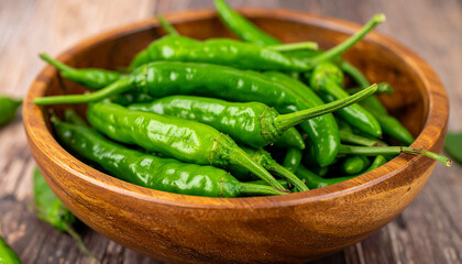 Ripe green chili peppers in rustic wooden bowl. Organic product. Natural vegetable.