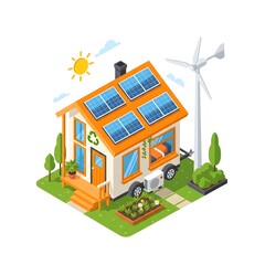 vector illustration of a eco friendly house with solar panels on white background 