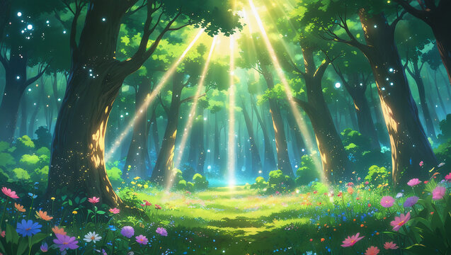 Whimsical fantasy forest with sunbeams piercing through trees. Soft lighting and ethereal atmosphere. Great for visual novel settings