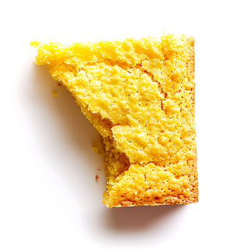 A slice of golden cornbread with a textured surface, presented against a white background.