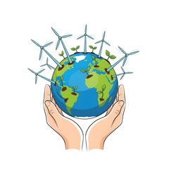 hand holding globe with windmills 