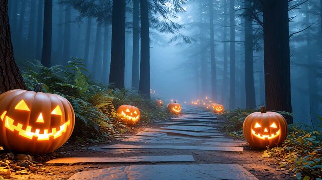 Halloween pumpkin lanterns line misty forest path with scary glowing backdrop, creating mysterious and eerie atmosphere as jack o lanterns light