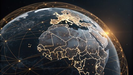 Global network connecting continents with glowing lights, illustrating modern digital connectivity and data flow.