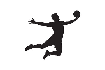 Obraz premium Silhouette of a male athlete in mid air leaping to catch a ball with one hand isolated on a white background showcasing athleticism and dynamic