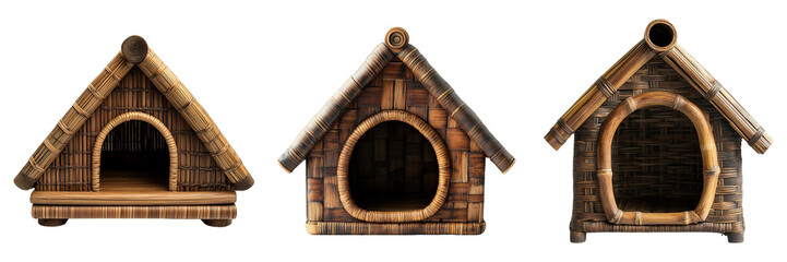 Handmade Bamboo Pet Houses with Triangular Roof Isolated on Transparent Background