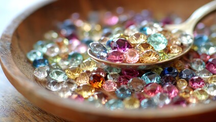 Wooden bowl filled with faceted, colorful gemstones, scooped by a golden spoon. The gems vary in color, from pink to blue to yellow, creating a vibrant, glittering display. Shallow depth of field