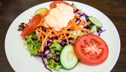 Photograph of a fresh vegetable salad served on a pristine white ceramic plate, topped with creamy mayonnaise dressing