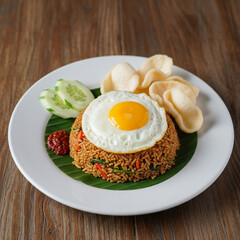 Nasi Goreng Kampung with fried egg, cucumber, and krupuk on white plate, styled for hotel menu presentation, showcasing authentic Indonesian fried rice with elegant plating.