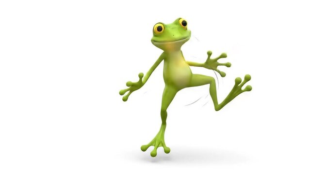 A joyful green cartoon frog character dancing with excitement. A funny 3D animated amphibian showing happy motion on a white background.