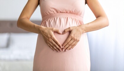 A pregnant woman wearing a soft pink dress gently forms a heart shape with her hands over her belly, symbolizing love, care, and anticipation for her baby. 
