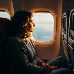 Woman seated by airplane window gazing outside, sunlight casting a warm glow on her face, peaceful travel moment captured in flight.