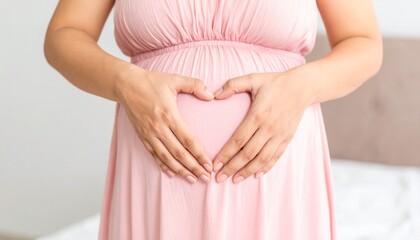 A pregnant woman wearing a soft pink dress gently forms a heart shape with her hands over her belly, symbolizing love, care, and anticipation for her baby. 