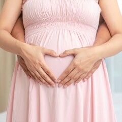 A pregnant woman wearing a soft pink dress gently forms a heart shape with her hands over her belly, symbolizing love, care, and anticipation for her baby. 