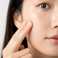 Macro close-up of Asian woman’s fingers gently pressing her cheek, skin instantly bouncing back, highlighting plumpness, elasticity, and healthy youthful skin texture.