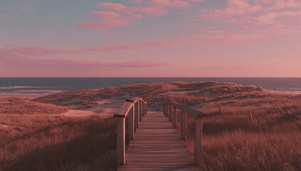 Serene wooden path leading towards a dune-covered beach under a pink-hued sunset sky. Distant ocean visible, soft lighting, calming atmosphere
