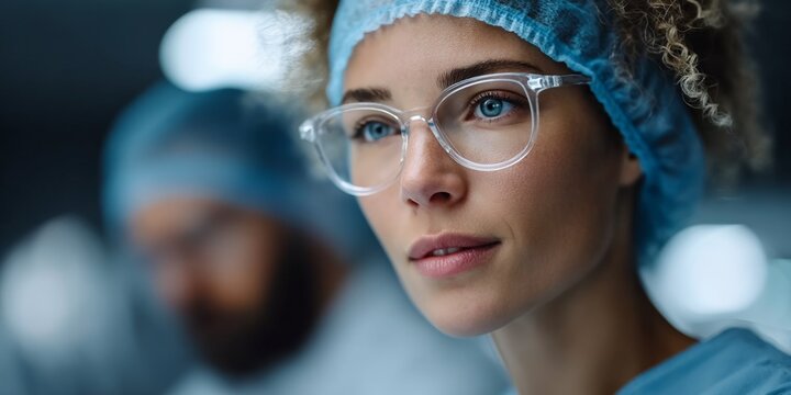 Focused young caucasian female surgeon in operating room with protective gear