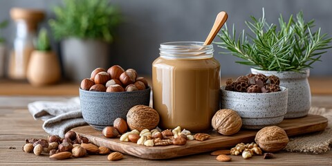 Assorted nuts and creamy nut butter jar on wooden board with fresh herbs