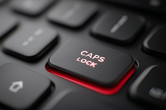 Close-up of keyboard with illuminated caps lock key highlighted