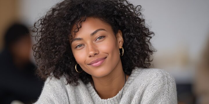 Smiling young african female in cozy sweater with curly hair and gold hoop earrings