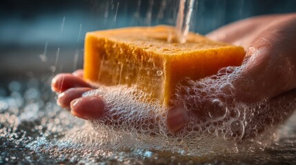 Fototapeta premium Close-up of hands holding a turmeric soap under running water with bubbles and soap suds