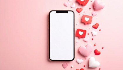 Smartphone with Blank Screen Surrounded by Hearts and Like Icons on Pink