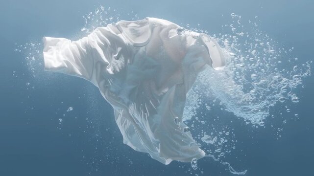 White T-shirt floating in water, T-shirt in clear water with bubbles with space for text. Oxygen bleach, washing, stain remover, cleanliness of linen