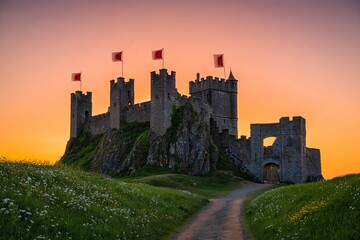 Majestic Medieval Castle at Sunset: Dramatic Silhouette, Serene Landscape, Flourishing Wildflowers, and Flowing Path.