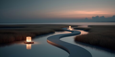 Serene sunset over meandering pathway with lanterns in peaceful wetlands