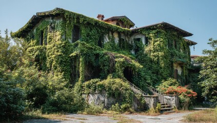 Dilapidated villa engulfed in verdant vegetation. Vines creep up crumbling walls, obscuring windows and roof. Nature reclaims a forgotten place under a clear sky