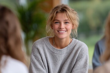 Smiling young caucasian female in cozy setting with blonde hair