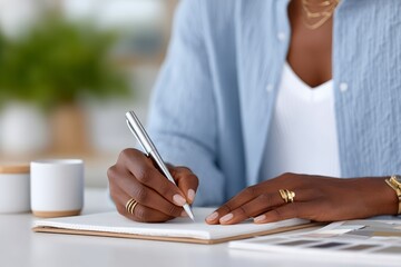 African female adult writing in notebook at desk with coffee mug