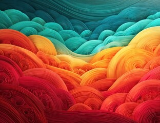 Swirling hills of vibrant colors, rendered with layered lines and textures. Teal waves meet orange and yellow hills, descending into fiery red. Organic, dreamy