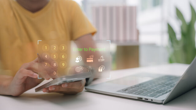 Digital payment concept showing person using smartphone to enter PIN code with virtual keypad interface, symbolizing secure online transaction, e-wallet, fintech innovation, and mobile banking.
