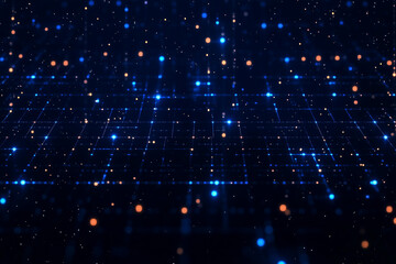 Fototapeta premium Blue abstract tech background. Geometric minimal pattern with dots and squares, digital technology wallpaper design