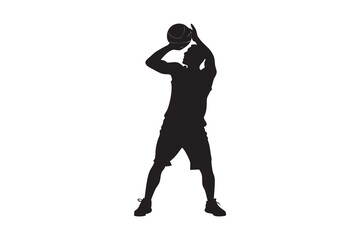 Fototapeta premium Silhouette of a basketball player preparing to shoot the ball captured in a dynamic full body shot against a clean white background depicting athleticism and