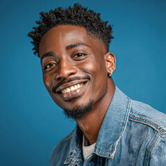 A smiling young man with textured hair, wearing a denim jacket, poses confidently against a solid blue background.
