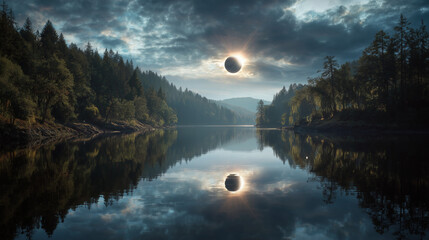 Solar eclipse reflected in calm lake surrounded by forest, dramatic sky and mirror-like water