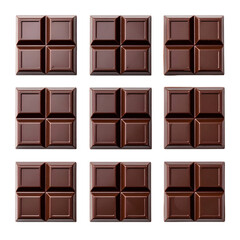 Nine dark chocolate bars each segmented into four squares arranged in a three by three grid isolated on transparent background. PNG die-cut for advertising