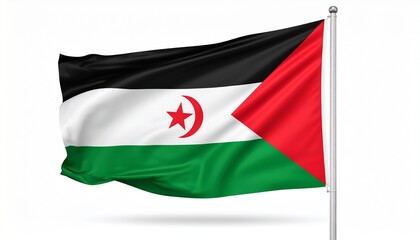 Obraz premium Palestine flag waving high against open blue sky backdrop—horizontal stripes of black, white, and green with bold red triangle at hoist; minimalist composition evokes struggle, national pride, and ide