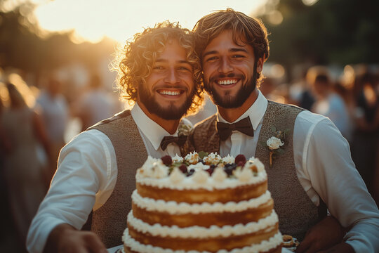 Happy young married gay couple standing in front of wedding cake. Cheerful homosexual men celebrating marriage, lgbtq concept with two grooms together