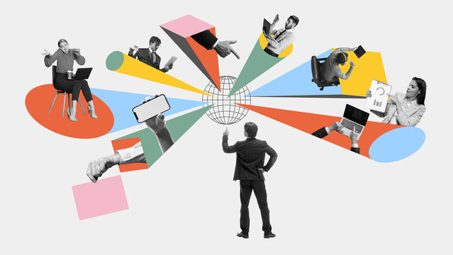Contemporary collage of manager pointing at digital globe with remote workers performing tasks in different moods. Concept of remote team management, digital collaboration, hybrid project workflow.