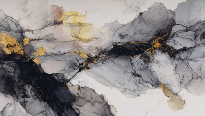 Obraz premium Abstract flow. Grey and black washes ripple across a white background, accented by pops of gold. Organic shapes evoke clouds or geological formations