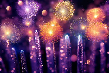 Purple fireworks lighting up the night sky. Bright violet purple firecrackers explode on black background, holiday celebration event concept
