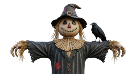 Ai generated image of scarecrow with a crow on its shoulder isolated on transparent background